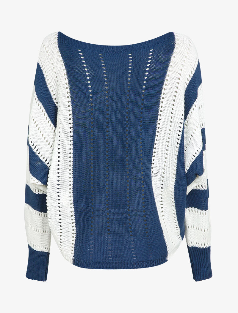 Pull oversize chauve-souris en maille ajourée - Bleu/blanc - 2