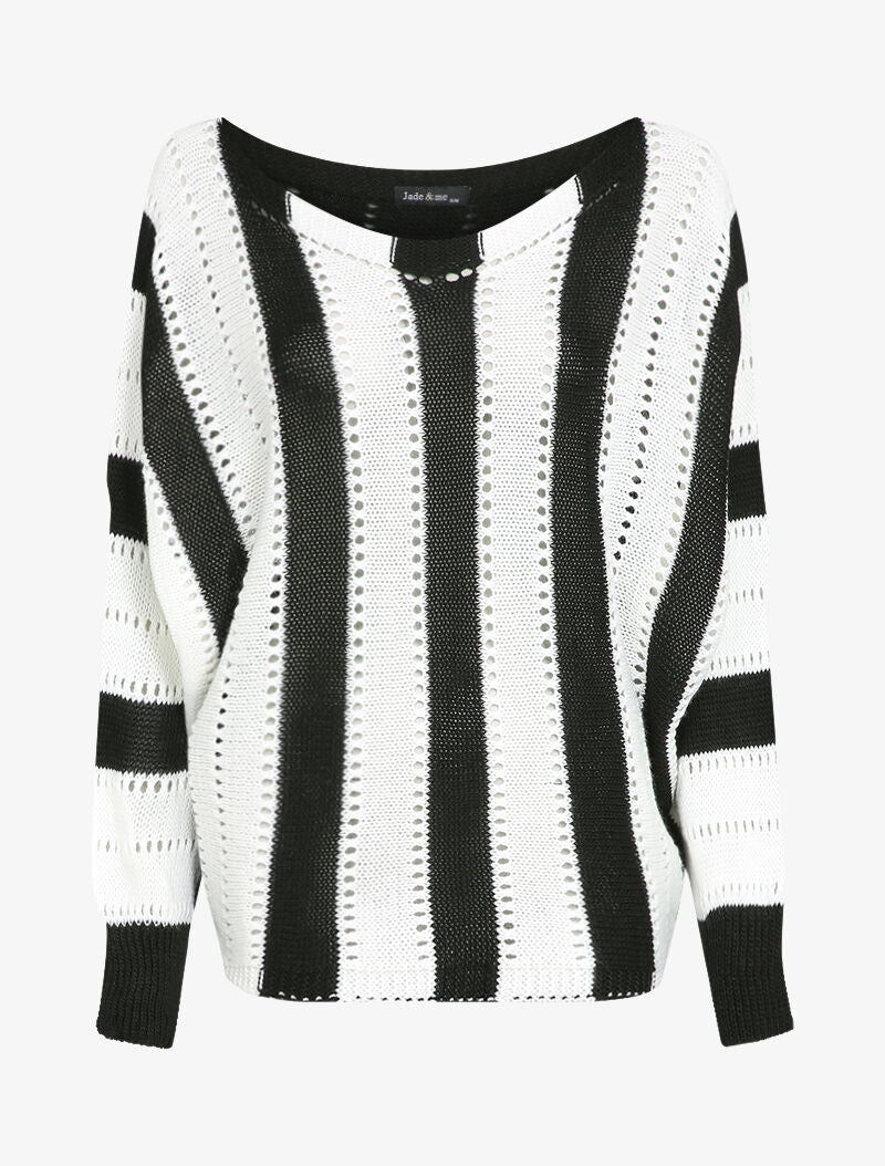 Pull oversize chauve-souris en maille ajourée - Noir/blanc - 4