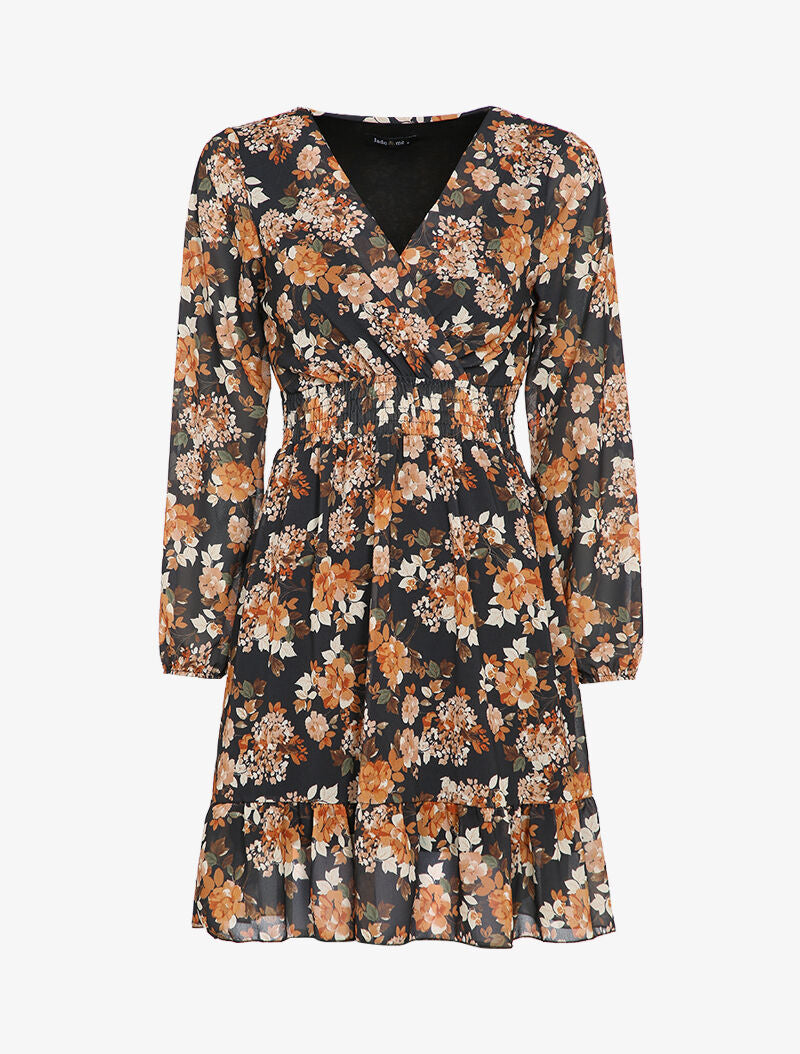 Robe patineuse mi-longue à imprimé fleuri - Noir - 1
