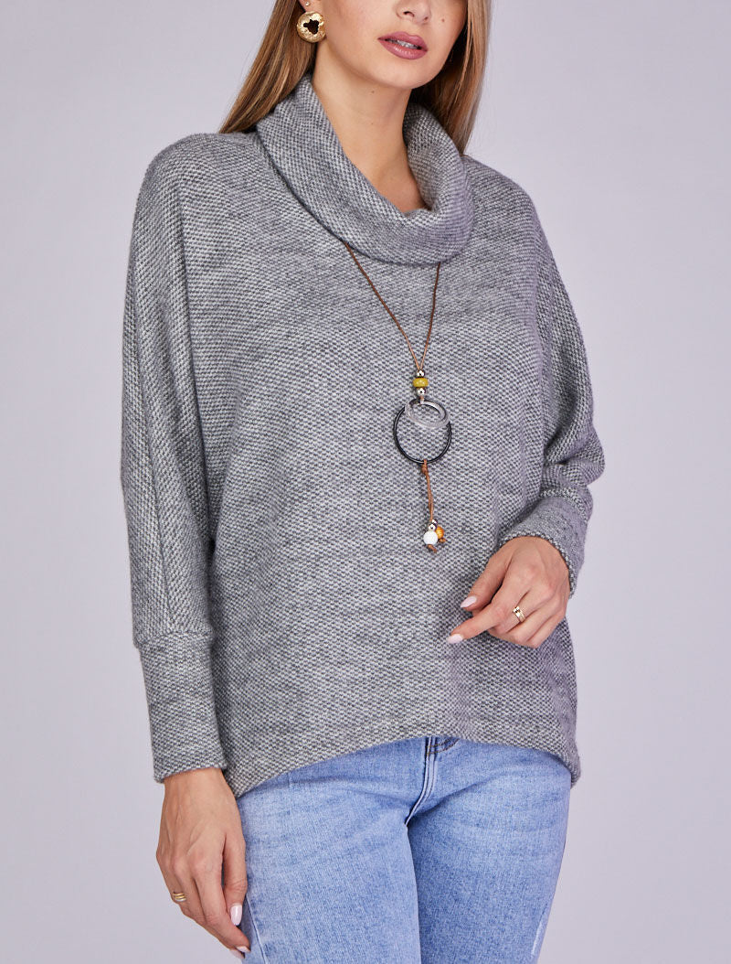 Pull chauve-souris col roulé en maille avec sautoir - Gris - 1