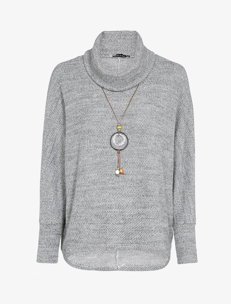 Pull chauve-souris col roulé en maille avec sautoir - Gris - 2