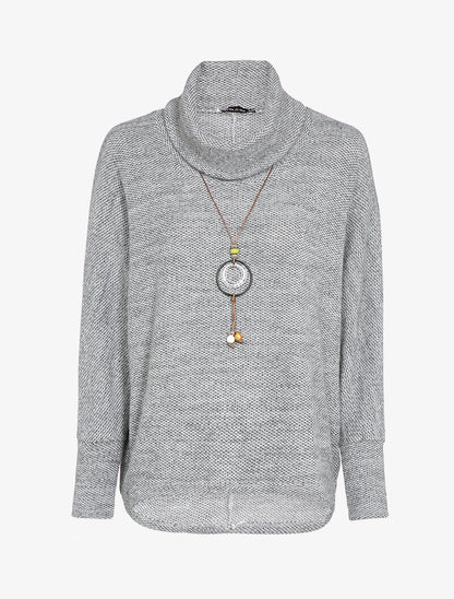 Pull chauve-souris col roulé en maille avec sautoir - Gris - 2