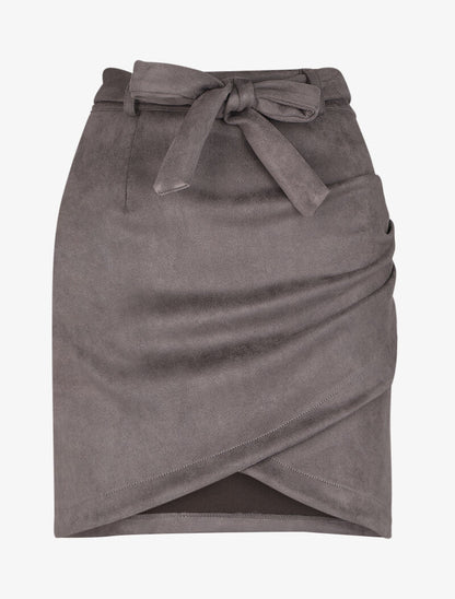 Jupe en suédine drapée style portefeuille - Gris foncé - 4