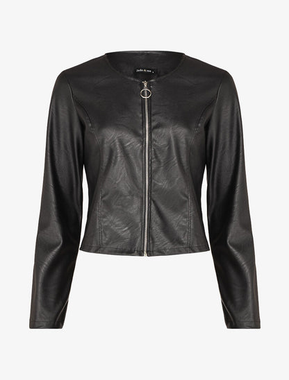 Veste courte en simili ajustée - Noir - 1