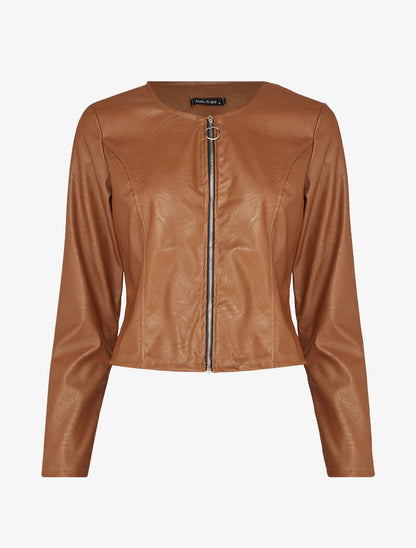 Veste courte en simili ajustée - Marron - 3