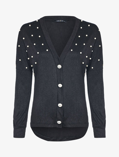 Gilet col V à perles nacrées - Noir - 2