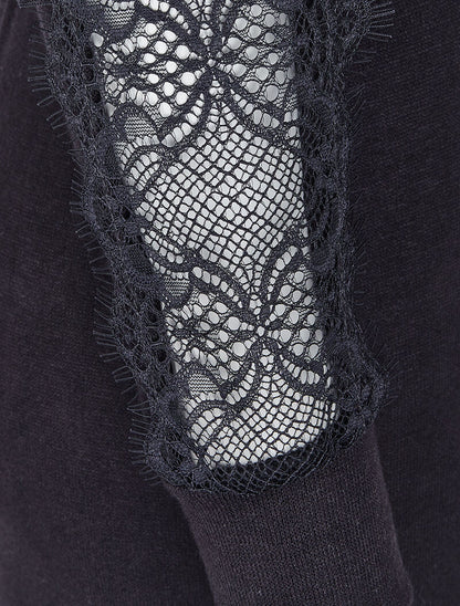 Robe pull à manches en dentelle - Noir - 4