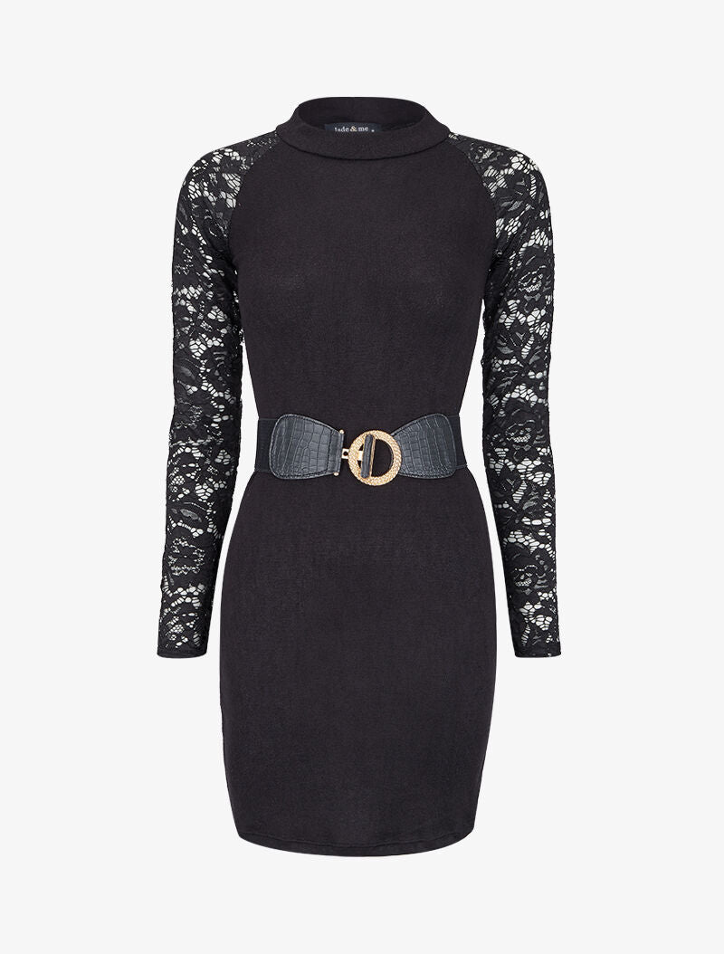 Robe pull cintrée et manches en dentelle - Noir - 1