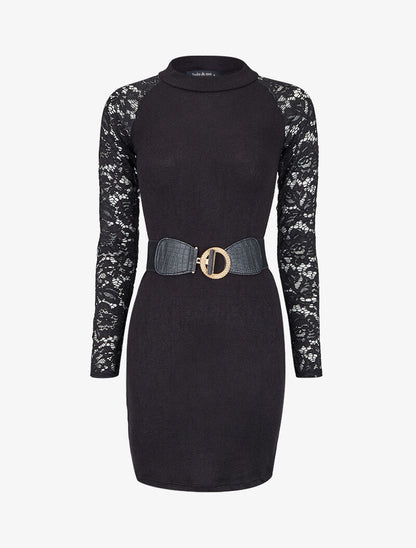 Robe pull cintrée et manches en dentelle - Noir - 1