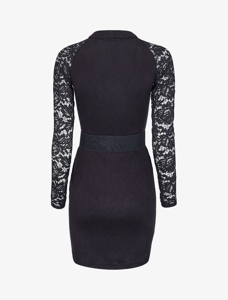 Robe pull cintrée et manches en dentelle - Noir - 2
