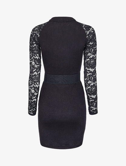 Robe pull cintrée et manches en dentelle - Noir - 2
