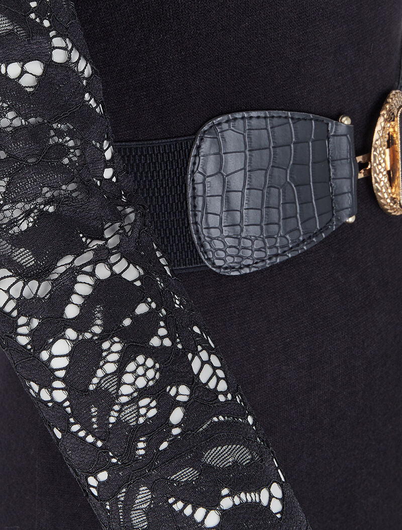 Robe pull cintrée et manches en dentelle - Noir - 3