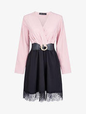 Robe cache-coeur bicolore à bord en dentelle - Rose - 1