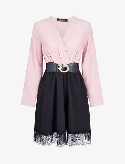 Robe cache-coeur bicolore à bord en dentelle - Rose - 1