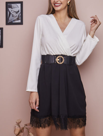 Robe cache-coeur bicolore à bord en dentelle - Blanc - 5