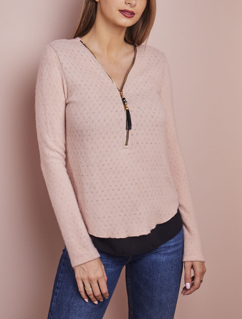 Pull en maille douce à doublure voile - Rose - 1