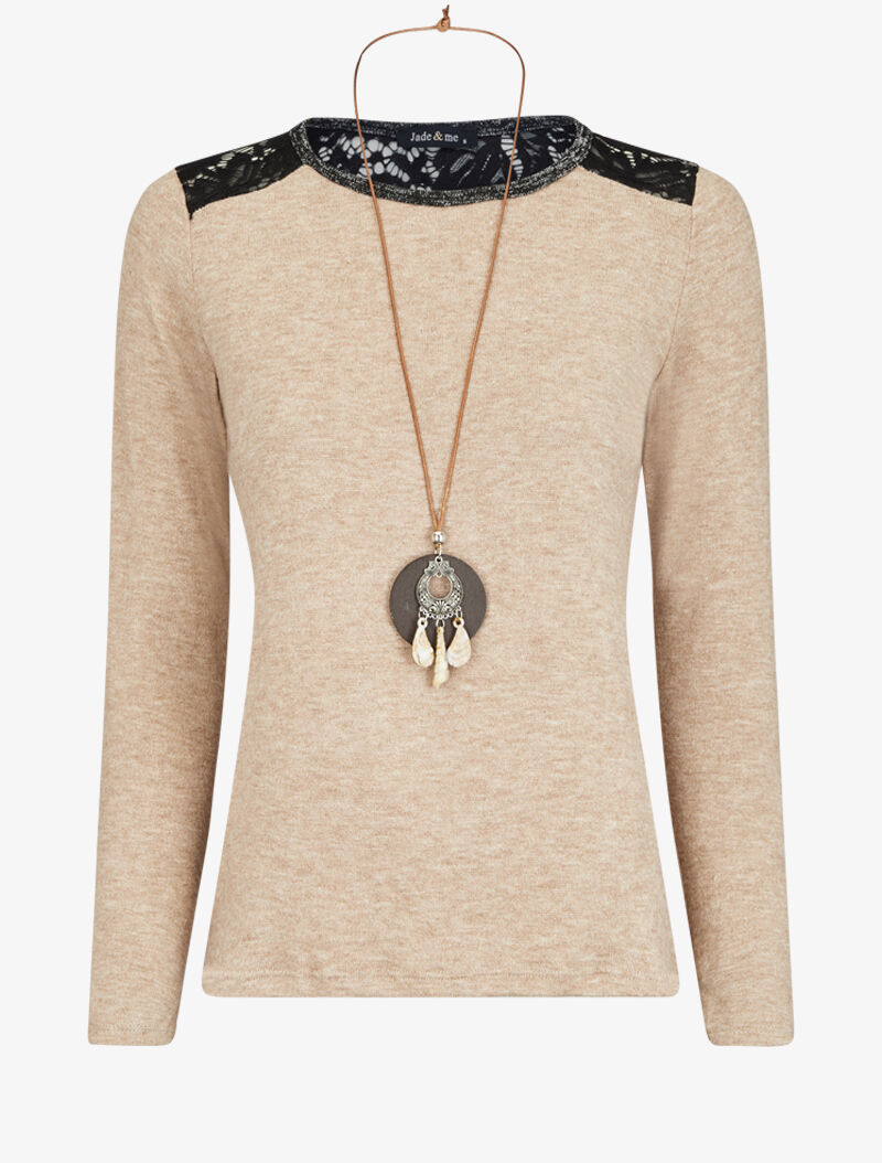 Pull à épaules en dentelle - Beige - 2
