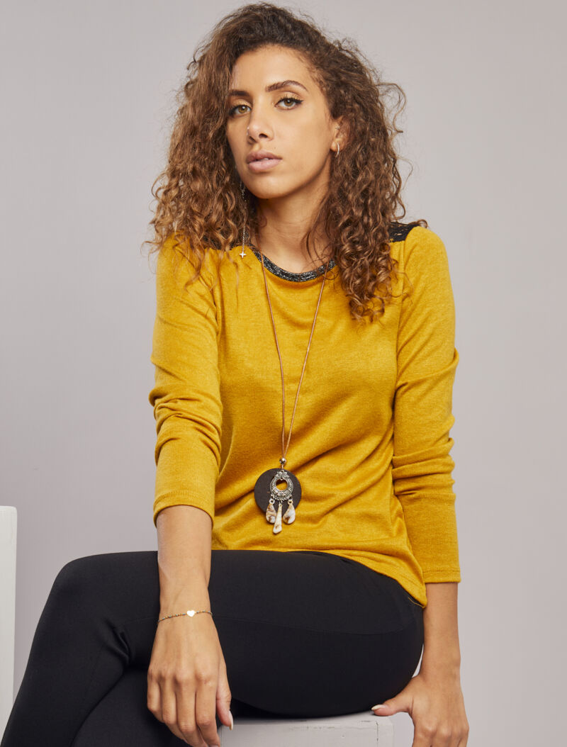 Pull à épaules en dentelle - Moutarde - 4