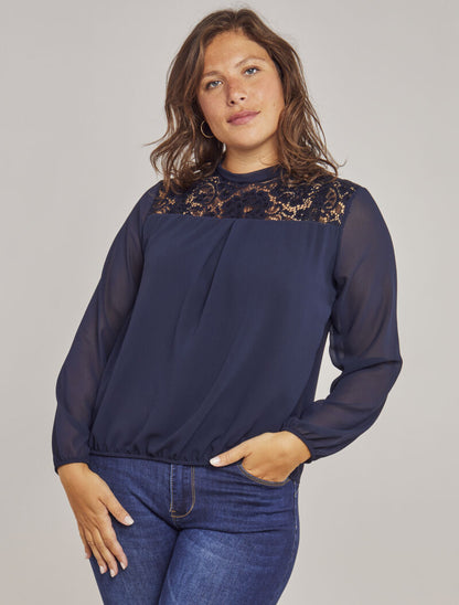 Top à empiécement dentelle - Bleu marine - 4