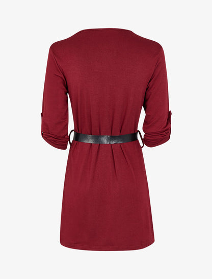 Robe à col V zippé et manches longues retroussables - Bordeaux - 2