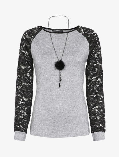 Pull à manches raglan en dentelle - Gris clair - 1