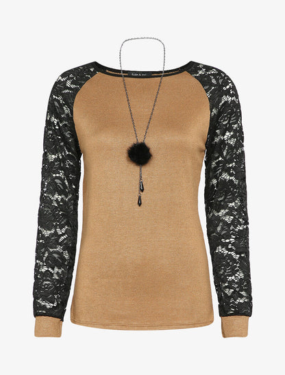 Pull à manches raglan en dentelle - Camel - 4