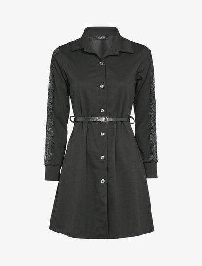 Robe chemise à manches détail dentelle - Noir - 2