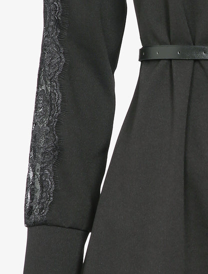 Robe chemise à manches détail dentelle - Noir - 4