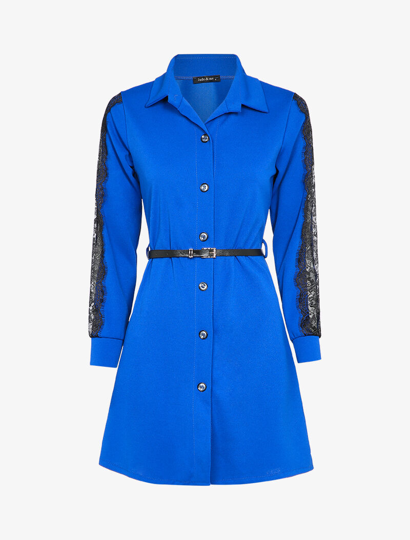 Robe chemise à manches détail dentelle - Bleu roi - 2