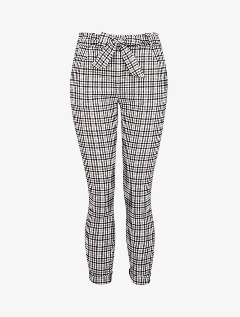 Pantalon 7/8 coupe slim à imprimé petits carreaux - Beige - 1