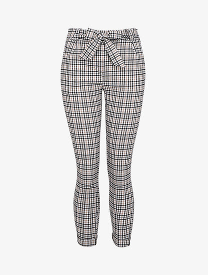 Pantalon 7/8 coupe slim à imprimé petits carreaux - Beige - 1