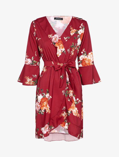 Robe patineuse imprimé à col V - Bordeaux - 1