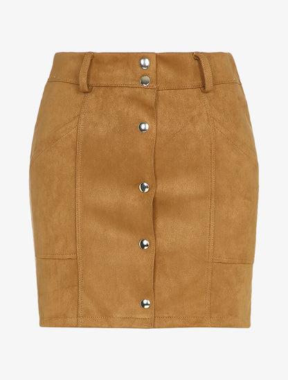 Jupe en suédine boutonnée à taille élastiquée - Camel - 4