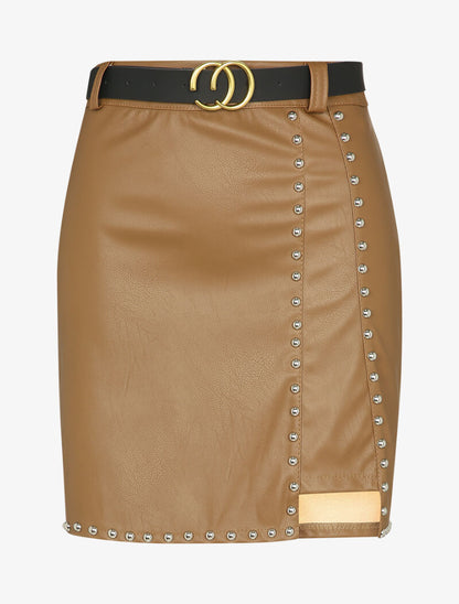 Jupe en simili cloutée à bords asymétriques - Camel - 1