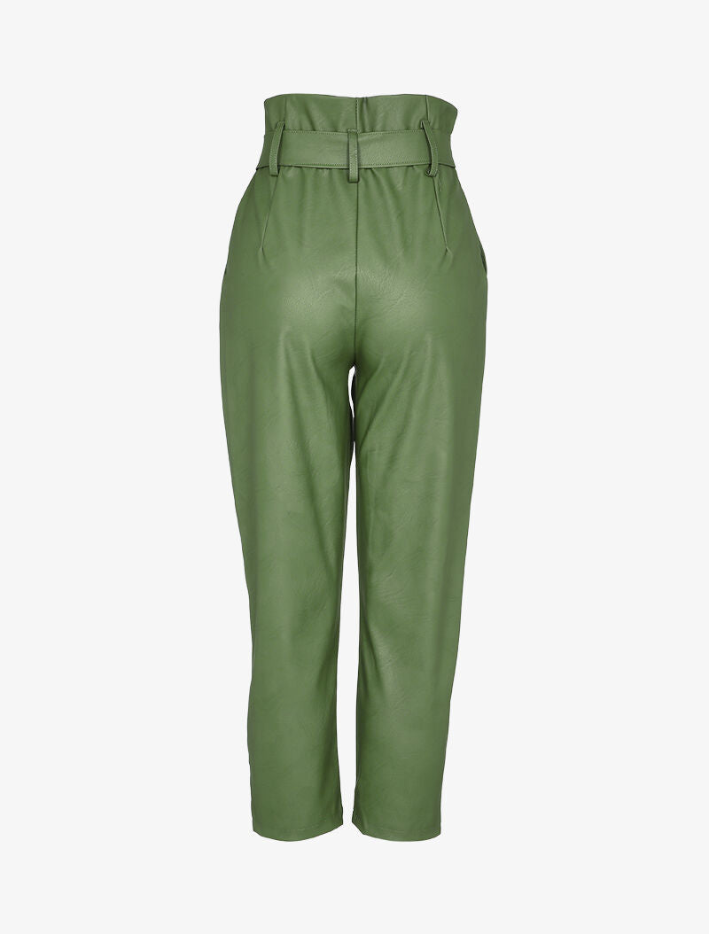 Pantalon carotte à taille empire froncée en simili - Kaki - 2