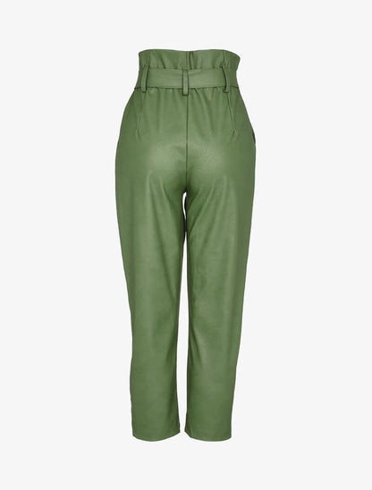 Pantalon carotte à taille empire froncée en simili - Kaki - 2