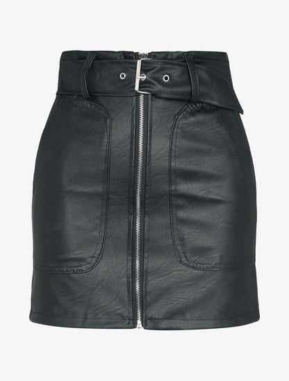 Mini jupe en simili à zip et grandes poches - Noir - 4