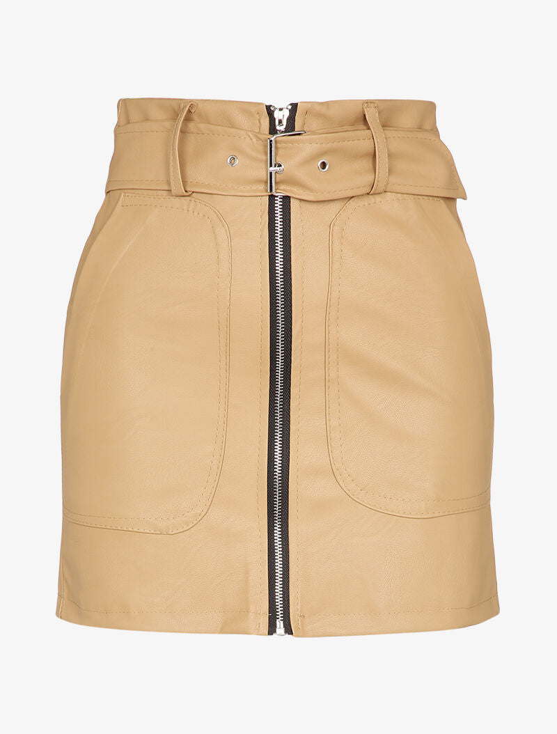 Mini jupe en simili à zip et grandes poches - Camel - 1