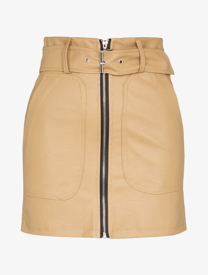 Mini jupe en simili à zip et grandes poches - Camel - 1