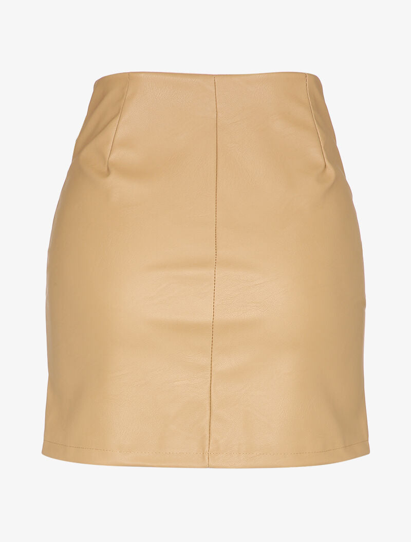 Mini jupe en simili à zip et grandes poches - Camel - 2
