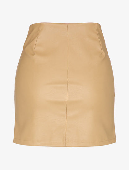 Mini jupe en simili à zip et grandes poches - Camel - 2