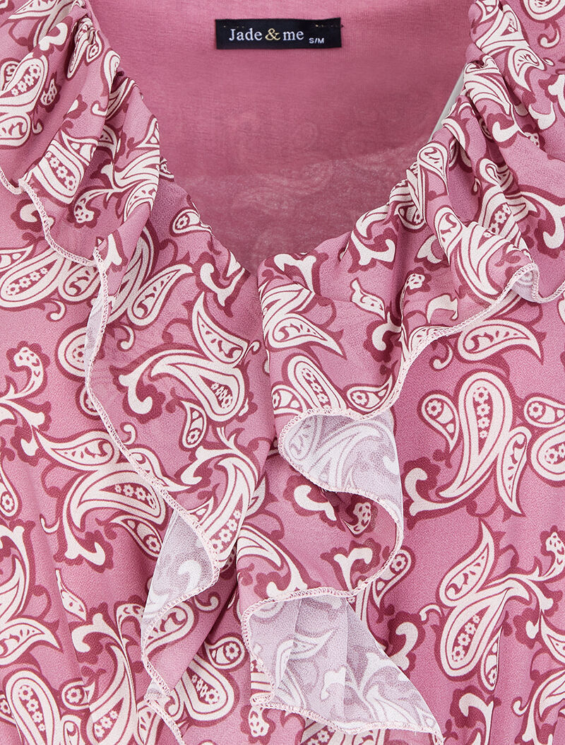 Robe imprimé cachemire stylisé à col V volanté - Vieux rose - 3