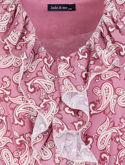 Robe imprimé cachemire stylisé à col V volanté - Vieux rose - 3