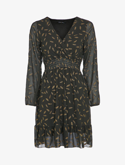 Robe imprimée plumes irisées et col cache-coeur - Noir - 2