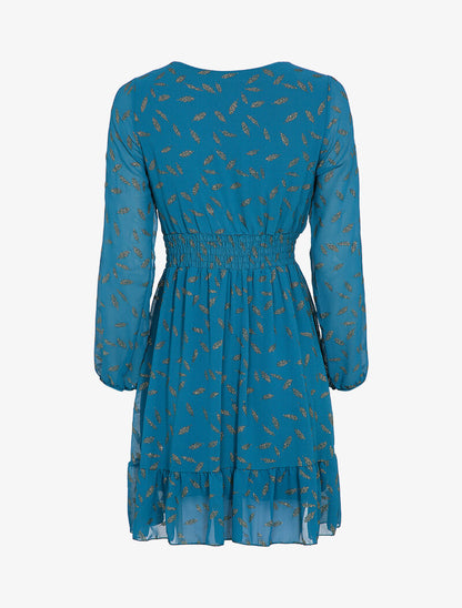 Robe imprimée plumes irisées et col cache-coeur - Bleu canard - 2