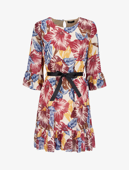 Robe imprimé fleurs tropicales à manches et bords volantés - Rose foncé - 4