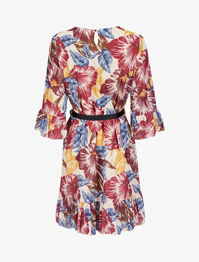 Robe imprimé fleurs tropicales à manches et bords volantés - Rose foncé - 2