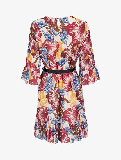 Robe imprimé fleurs tropicales à manches et bords volantés - Rose foncé - 2