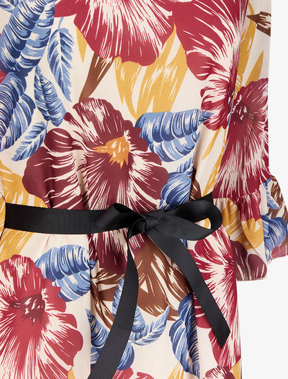 Robe imprimé fleurs tropicales à manches et bords volantés - Rose foncé - 3