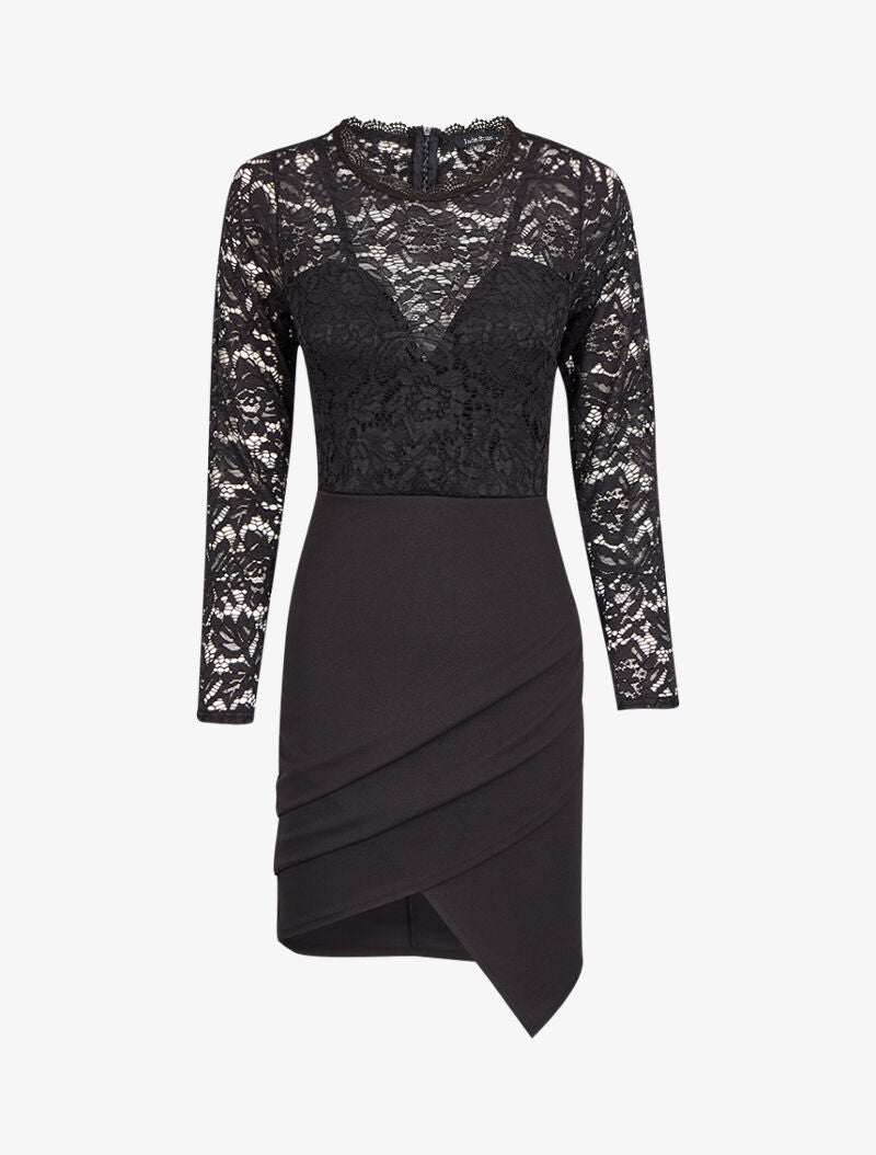 Robe drapée à empiècement dentelle - Noir - 1